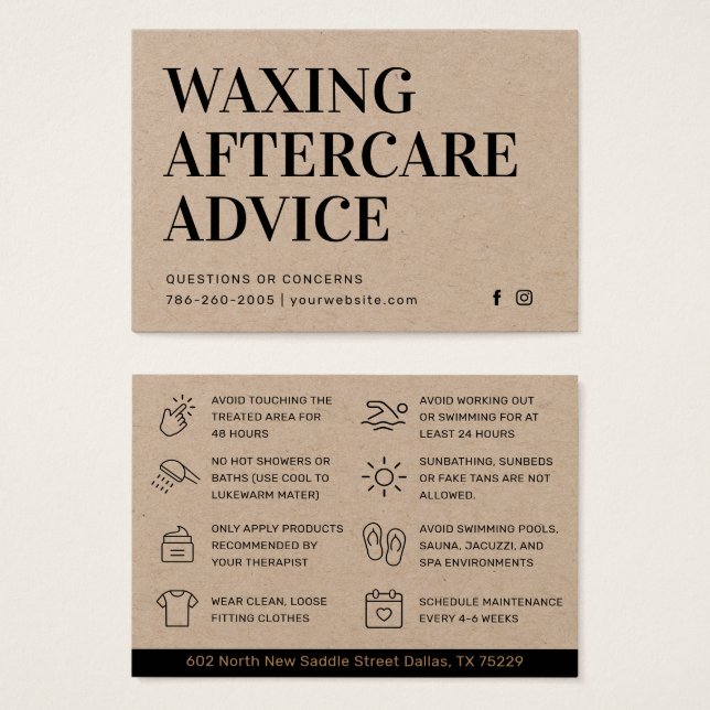 Premium Kraft Waxing Aftercare Card Hair Removal (Front & Back)