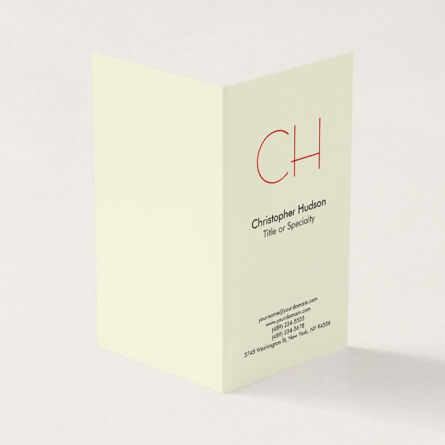 Premium Linen Red Trendy Modern Monogram Business Card (Outside)