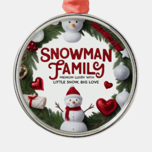 Premium Luxury Snowman Family Wreath Round Metal Ornament