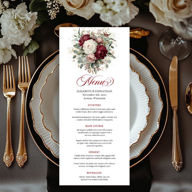 Premium Maroon Floral Greenery Gold Menu Card (Premium Maroon Floral Greenery Gold Menu Card)
