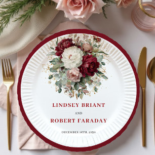 Premium Maroon Floral Greenery Gold Plates
