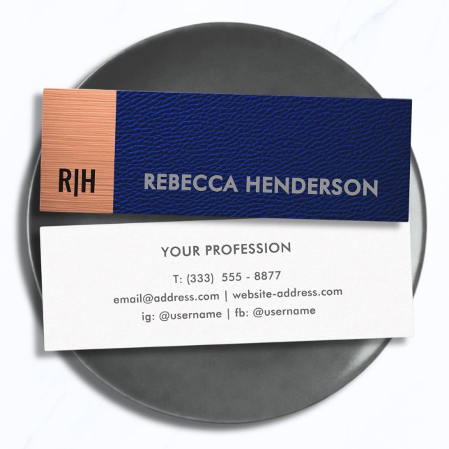 Premium Navy Blue Leather & Copper Panel Monogram Mini Business Card (Creator Uploaded)
