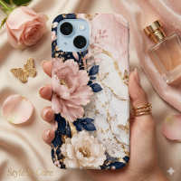 Premium Navy Blue & Pink Botanical Marble