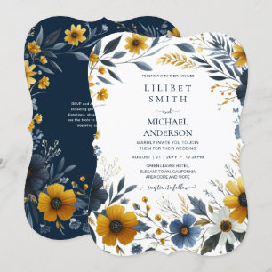 Premium Navy Blue Yellow Gold Floral Wedding Invitation