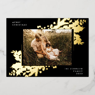 Premium Onyx Christmas Gold Botanical Photo Frame Foil Holiday Card