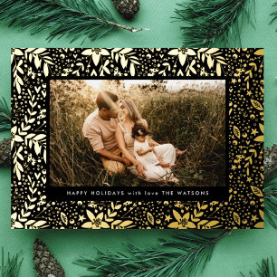 Premium Onyx Gold Botanical Frame Photo Happy Foil Holiday Card