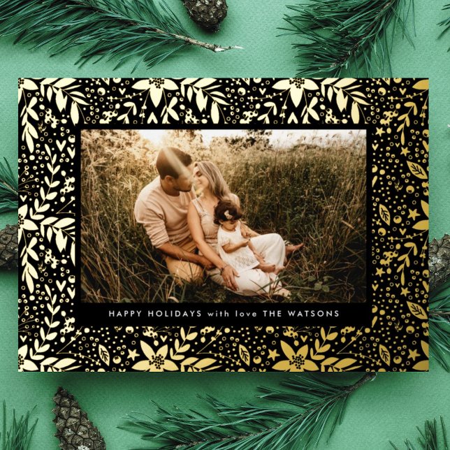 Premium Onyx Gold Botanical Frame Photo Happy Foil Holiday Card (Creator Uploaded)