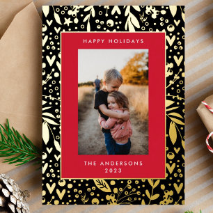 Premium Onyx Gold Leaf Pressed Floral Frame Photo Foil Holiday Card