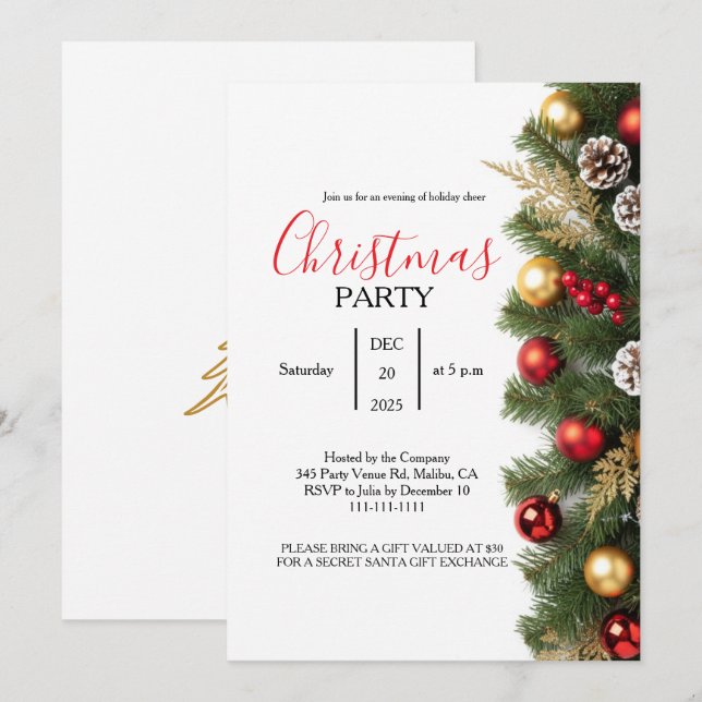 Premium Pine & Gold Office Christmas Party Gala Invitation (Front/Back)