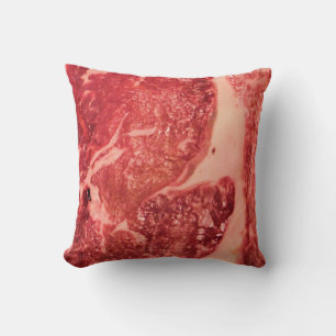 Premium Raw Red Meat   Marbled Steak Macro Photo Cushion