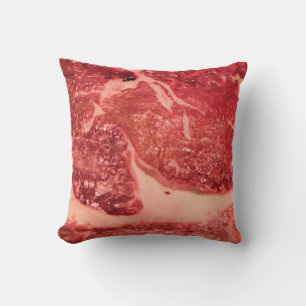 Premium Raw Red Meat   Marbled Steak Macro Photo Cushion