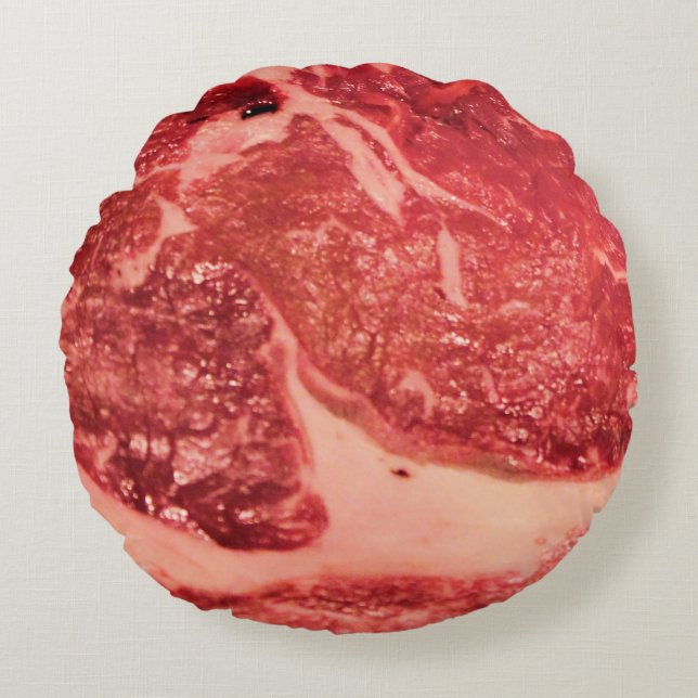 Premium Raw Red Meat | Marbled Steak Macro Photo Round Cushion (Front)