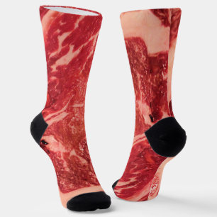 Premium Raw Red Meat Marbled Steak Macro Photo Socks