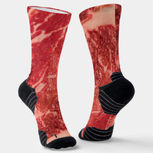 Premium Raw Red Meat Marbled Steak Macro Photo Socks