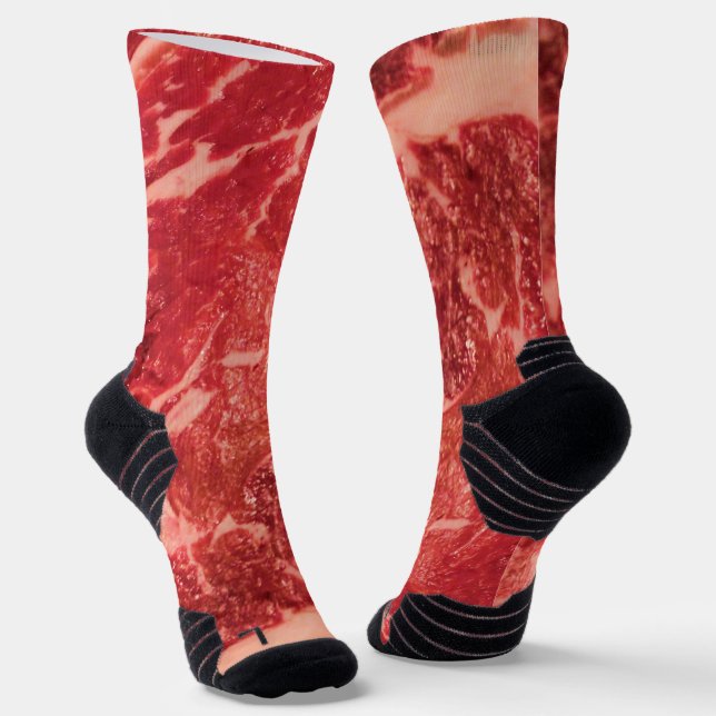 Premium Raw Red Meat | Marbled Steak Macro Photo Socks (Angled)