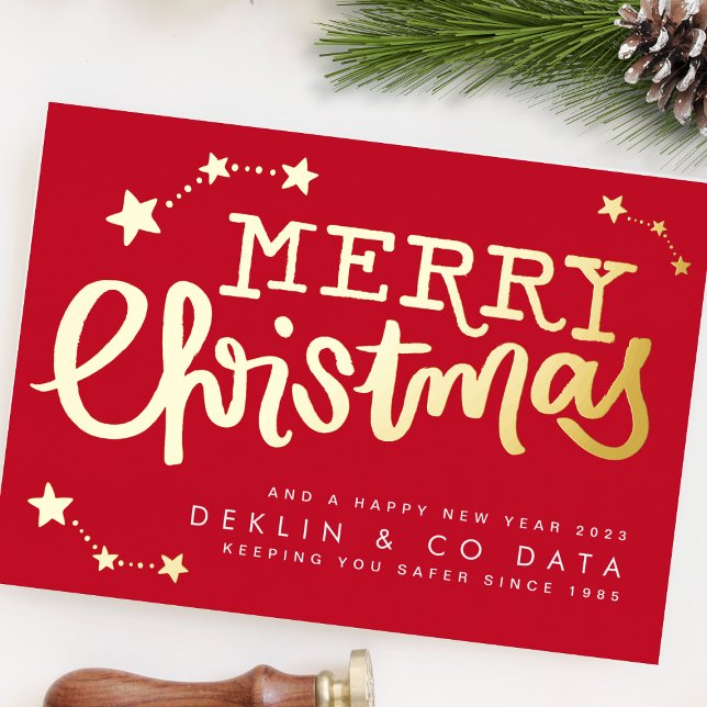 Premium Red Gold Stars Merry Christmas Business Foil Holiday Card (Creator Uploaded)