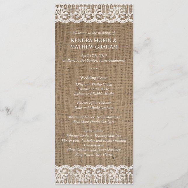 Premium Rustic Burlap Lace Wedding Programs 4x9.25 (Front)