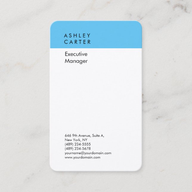 Premium silk sky blue white plain modern business card (Front)