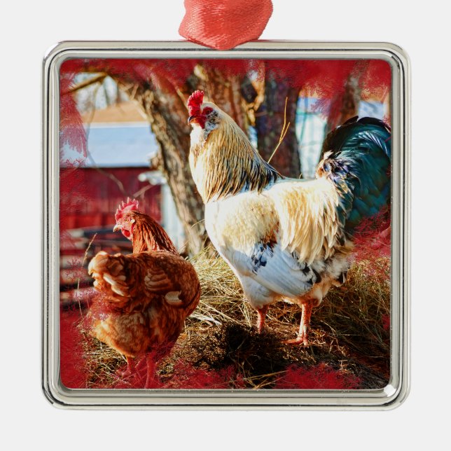 Premium square ornament with hen and rooster (Front)