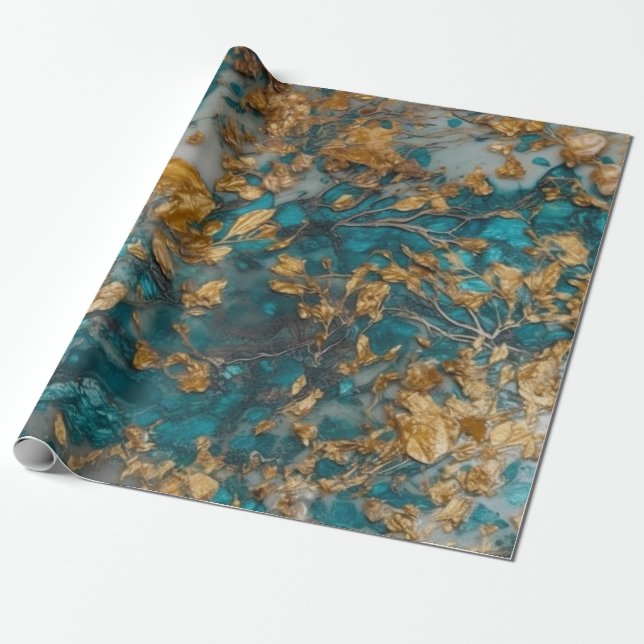 Premium Teal and Gold Acrylic Pour Seamless Wrapping Paper (Unrolled)