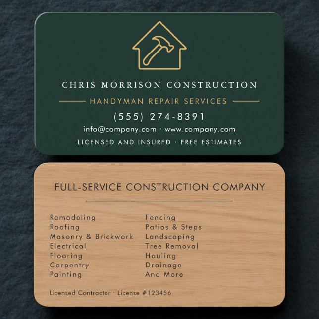 Premium Wood Green Gold Remodeling Handyman Business Card (Creator Uploaded)