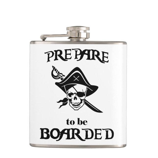 Prepare to be Boarded Black Pirate Skull and Sword Hip Flask (Front)
