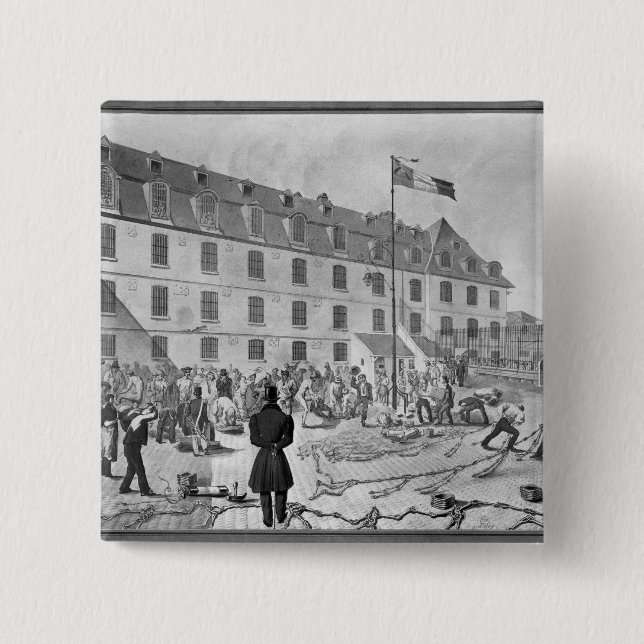 Preparing the shackling of the convicts 15 cm square badge (Front)