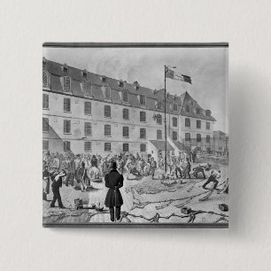 Preparing the shackling of the convicts 15 cm square badge