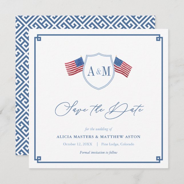 Preppy All-American Red White Blue Wedding Save The Date (Front/Back)
