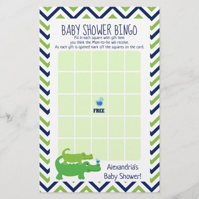 Preppy Alligator Baby Shower Bingo Game (Front)