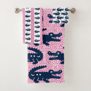 Preppy Alligator Greek Key- Hot Pink & Navy Bath Towel Set