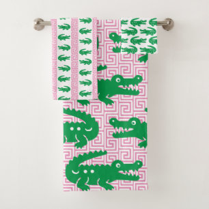 Preppy Alligator Greek Key- Pink & Green Bath Towel Set