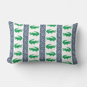 Preppy Alligator Greek Key Stripe – Green & Navy   Lumbar Cushion