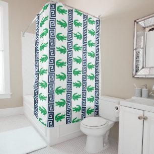 Preppy Alligator Greek Key Stripe - Green & Navy   Shower Curtain