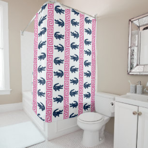 Preppy Alligator Greek Key Stripe Hot Pink Navy Shower Curtain