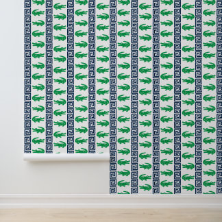 Preppy Alligator Greek Key Stripe - Navy & Green Wallpaper