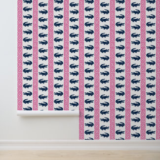 Preppy Alligator Greek Key Stripe  Navy & Hot Pink Wallpaper