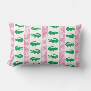 Preppy Alligator Greek Key Stripe – Pink & Green   Lumbar Cushion
