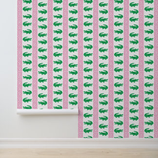 Preppy Alligator Greek Key Stripe – Pink & Green   Wallpaper