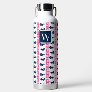 Preppy Alligator Greek Key Stripe – Pink & Navy   Water Bottle