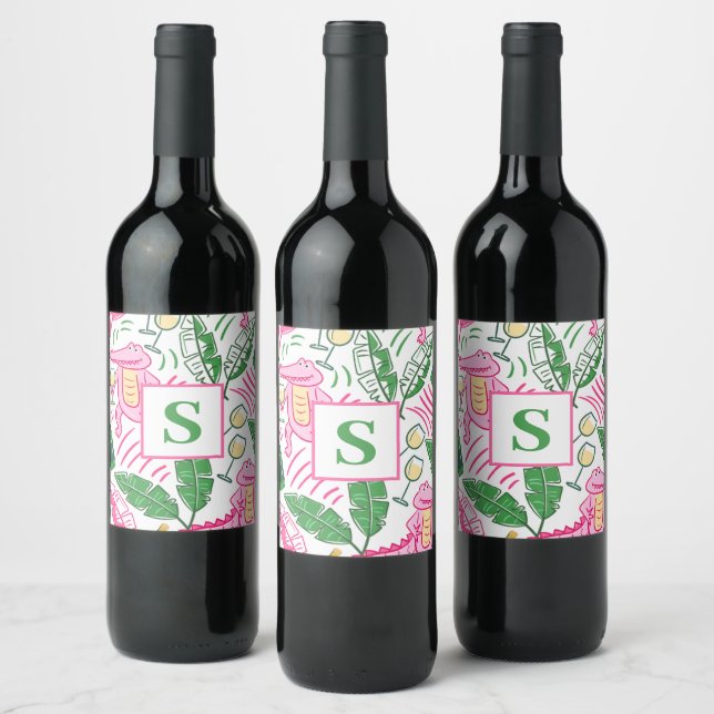 Preppy Alligator Wine Pink Green Monogram Label (Bottles)