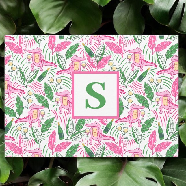 Preppy Alligator Wine Pink Green Monogram Thank You Card (Creator Uploaded)