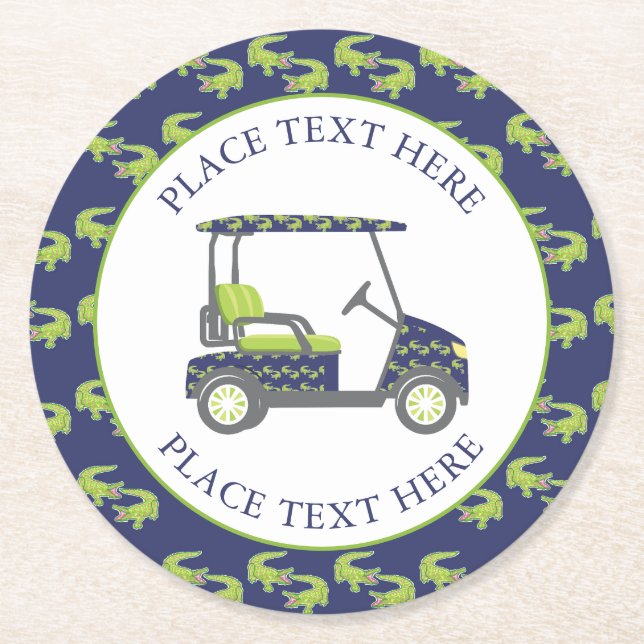 Preppy Alligators Golf Cart Round Paper Coaster (Front)
