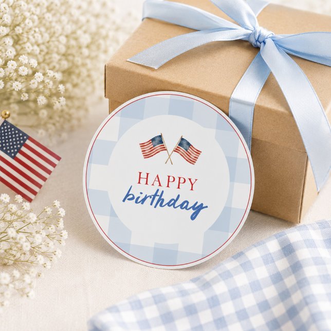 Preppy American Flag Blue Gingham  Classic Round Sticker (Creator Uploaded)