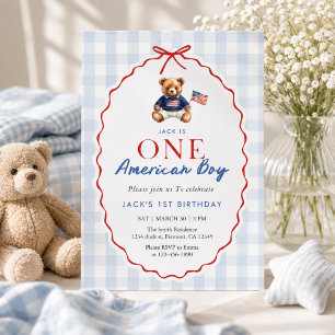 Preppy American Teddy Bear Blue Gingham Boy First  Invitation