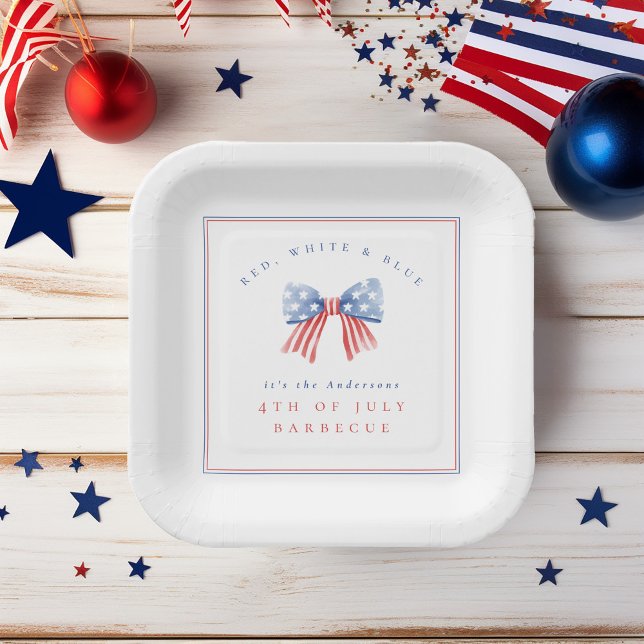 Preppy American Watercolor Bow July 4th BBQ Paper Plate (square paper plate with 4th of July sophisticated preppy aesthetic design)