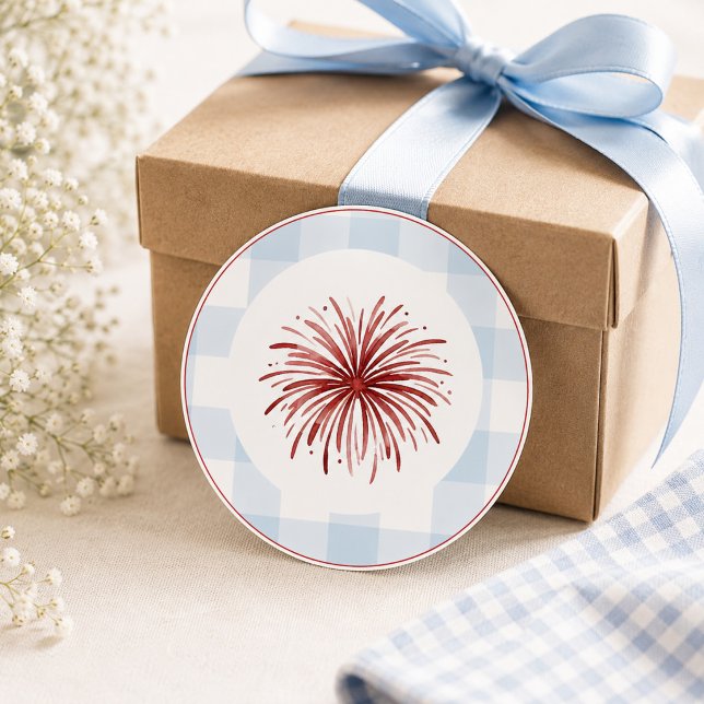 Preppy Americana firework Blue Gingham  Classic Round Sticker (Creator Uploaded)