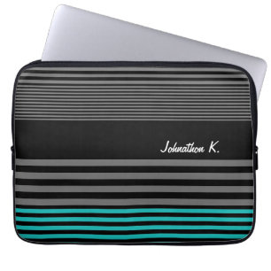 Preppy and Fresh Teal Stripes With Name Laptop Sleeve