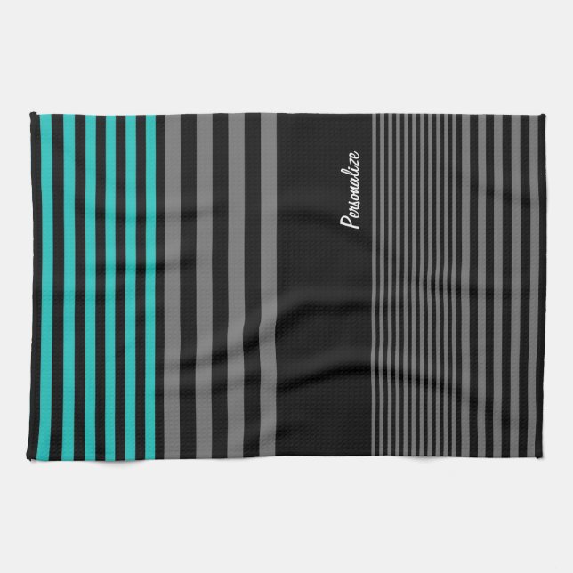Preppy and Fresh Teal Stripes With Name Tea Towel (Horizontal)