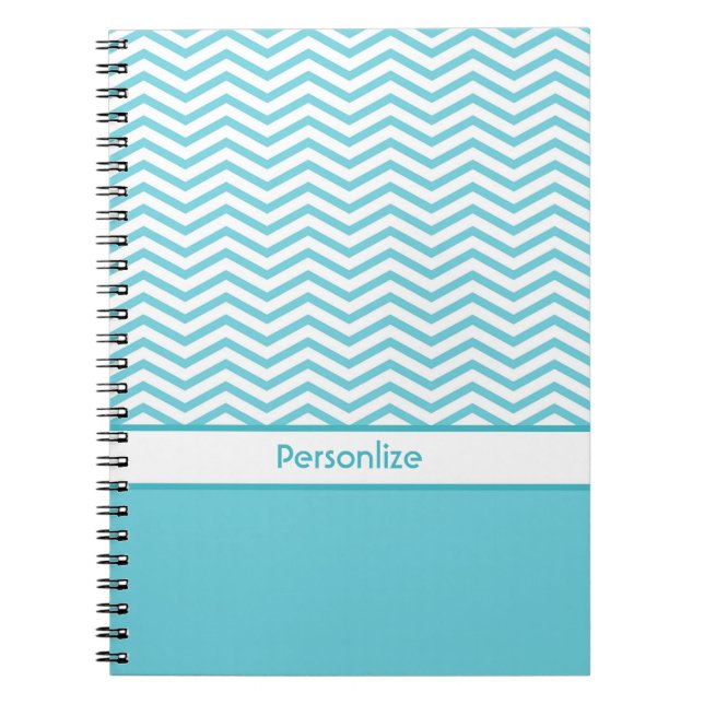 Preppy Aqua Blue and White Chevrons With Name Notebook (Front)